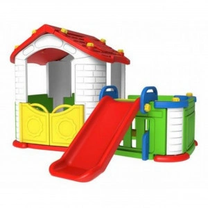 Casuta de joaca 3 in 1 Pentru Copii NOVOKIDS™ My Happy Playground, Cu Tobogan si Gard, Pentru Interior si Exterior, Maxim 40 Kg, Loc de joaca, Multicolor