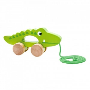 Jucarie educativa de tras din lemn masiv NOVOKIDS™ My first Tiny Crocodile, Cu roti, Motricitate , Cu sfoara de tractare, Materiale Eco, Verde