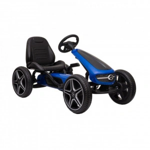 Kart cu pedale pentru copii NOVOKIDS® Mercedes Benz Kart PRO, Cu claxon si melodii, Carena, Structura metalica, Frana de mana, Functie FreeWheel, Scaun Ajustabil, Mers cu spatele, Albastru