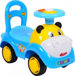 Masinuta cu functie de trotineta fara pedale NOVOKIDS™ Super Hipo Car , Cu melodii si sunete, maxim 25 kg , Pentru interior si exterior, Model Hipopotam, Albastru