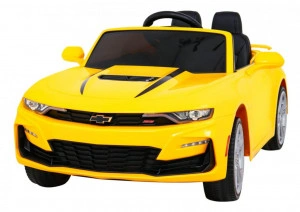 Masinuta Electrica cu acumulator pentru copii NOVOKIDS™ Chevrolet Camaro, Roti din Cauciuc EVA, Max 25 kg , Usi cu deschidere , 3 Viteze, Lungime 119 cm, Galben