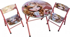 Masuta pliabila pentru copii din MDF Novokids™ Round folding table, Cu doua scaune pliabile, Diametru 60 cm, 2 niveluri de inaltime, Suprafata lucioasa, Model printesa, Roz