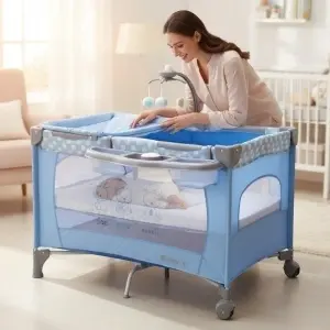 Patut Pliabil si Tarc copii Baby Care™ PRO FMAT, 2 Niveluri de inaltime, Cu melodii si Masa infasat, Carusel cu jucarii din plus, Plasa insecte, Albastru