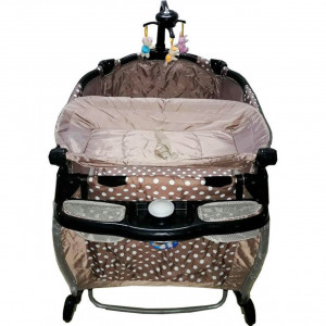 Patut-Pliant-rotund-cu-balansoar-Tarc-copii-Baby-Care-ROUND-NEST-Pliabil-pe-2-Niveluri-cu-muzica-si-Masa-infasat-Jucarie-Carusel-cu-jucarii-din-plus-geanta-transport-inclusa-Maron-cu-buline