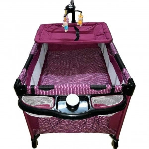 Patut Pliant, Tarc copii Baby Care™ NEST, Pliabil pe 2 Niveluri cu muzica si Masa infasat, Jucarie Carusel cu jucarii din plus, geanta transport inclusa, Fucsia cu buline