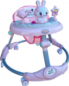 Premergator-reglabil-in-6-trepte-de-inaltime-NOVOKIDS-Happy-Bunny-Cu-melodii-si-lumini-Pliabil-Max-20-kg-Roti-silentioase-Model-Iepuras-Roz