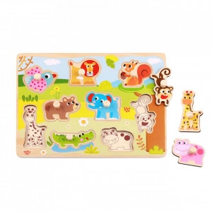 Puzzle 3D din lemn masiv NOVOKIDS™ Wooden Happy Animals, 9 piese, Cu animalute, Materiale Eco, Multicolor