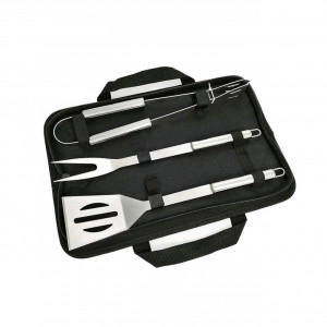 Set 3 ustensile gratar din inox HouseXL BBQ, Cu geanta transport inclusa, Cleste, Spatula si Furculita gratar