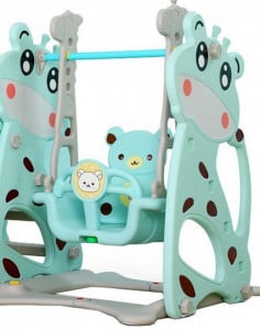 Tobogan-3-in-1-Pentru-Copii-NOVOKIDS-Giraffe-Playground-Cu-Leagan-Pentru-Interior-si-Exterior-187-centimetri-panta-alunecare-Max-40-Kg-Cos-de-baschet-inclus-Albastru