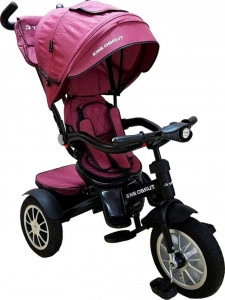 Tricicleta cu copertina Baby Care™ Turbo Bike , cu far luminos, roti din cauciuc, pozitie somn, pedale si maner pentru parinti, scaun reversibil cu invartire 360 grade , cadru metalic, dimensiuni 110X45X90 cm, Fucsia