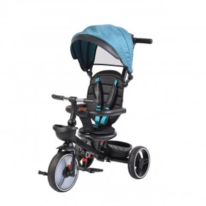 Tricicleta pliabila cu copertina NOVOKIDS™ Classico Trike , Pedale si maner pentru parinti, Scaun reversibil cu rotire 360 grade , Functie Free Wheel, Cadru metalic, Albastru Turquoise