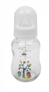 Biberon din sticla cu capac Cangaroo™ Hello, 0 luni+, 120 ml, 4 masuri, sistem anti colici, tetina lapte, Alb
