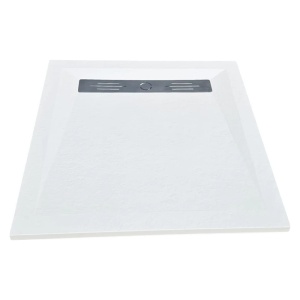 Cadita alba patrata de dus HouseXL StoneCore Premium 90x90 cm din compozit granit cu rigola metalica inclusa vedere fata