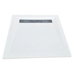 Cadita alba patrata de dus HouseXL StoneCore Premium 90x90 cm din compozit granit cu rigola metalica inclusa vedere fata