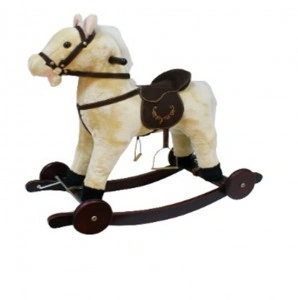 Calut balansoar din plus cu melodii NOVOKIDS ™ Rocking Horse, Cu roti, Platforma detasabila, Functie trotineta fara pedale, Dimensiuni 74x37x64 cm, Max 50 kg, Crem