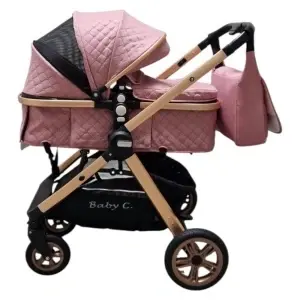 Carucior nou nascuti 2 in 1 Baby Care X2S, Maner reversibil, Cu geanta bebe, Amortizoare, Roti din cauciuc plin AVE, Spatar reglabil 3 trepte, Plasa insecte, Roz