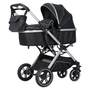 Carucior nou nascuti 2 in 1 NOVOKIDS™ H3100 series, Cu geanta bebe, Cadru Aluminiu, Amortizoare, Roti din cauciuc plin AVE, Landou, Spatar reglabil 3 trepte, Plasa insecte, Negru cu Imprimeu