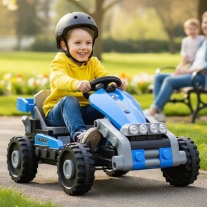 copil pe kart electric novokids transformx 24v albastru masina electrica copii exterior