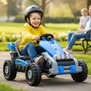 copil pe kart electric novokids transformx 24v albastru masina electrica copii exterior