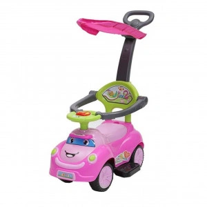 Masinuta copii si bebe NOVOKIDS™ Cartoon Smile , Cu melodii si lumini, Maner de impins pentru parinti detasabil, copertina de protectie detasabila, Functie trotineta fara pedale, Pentru interior si exterior, Roz