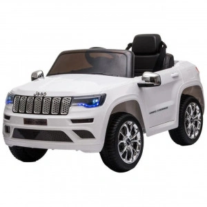 Masinuta Electrica cu acumulator pentru copii NOVOKIDS™ Jeep Grand Cherokee, Roti din Cauciuc EVA, Max 30 kg ,Usi cu deschidere ,Baterie12V ,2 Viteze ,Lungime 114 cm, 2 motoare 390 W, Alb