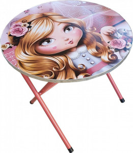 Masuta-pliabila-pentru-copii-din-MDF-Novokids-Round-folding-table-Cu-doua-scaune-pliabile-Diametru-60-cm-2-niveluri-de-inaltime-Suprafata-lucioasa-Model-printesa-Roz