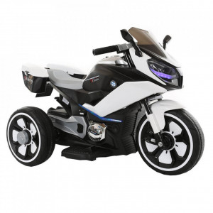 Motocicleta Electrica cu Acumulator Pentru Copii NOVOKIDS™ Cairo Motor, 3-8 ani, max 30 kg, Functie Bluetooth, Cu Sunete si Melodii, 3 Roti, Volum reglabil , Alb cu Negru