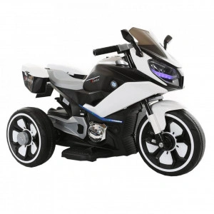 Motocicleta Electrica cu Acumulator Pentru Copii NOVOKIDS™ Cairo Motor, 3-8 ani, max 30 kg, Functie Bluetooth, Cu Sunete si Melodii, 3 Roti, Volum reglabil , Alb cu Negru