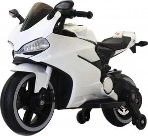 Motocicleta Electrica cu Acumulator Pentru Copii NOVOKIDS™ Napoleon Premium Motor, 3-7 ani, max 30 kg, Cu Sunete si Lumini LED, sa din piele, suspensie pe spate, Roti ajutatoare, viteza din maner, Alb