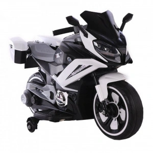 Motocicleta Electrica cu Acumulator Pentru Copii NOVOKIDS™ Nepal Premium Motor, 3-8 ani, max 30 kg, Cu Bluetooth, Melodii si Sunete , Roti ajutatoare, lungime 108 cm, Cu portbagaj, Alb cu Negru