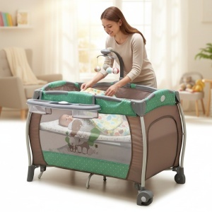 Patut Pliabil rotund cu balansoar, Tarc copii Baby Care™ PRO FRW, 2 Niveluri de inaltime, Cu melodii si Masa infasat, Carusel cu jucarii din plus, Plasa insecte, Maron cu Verde