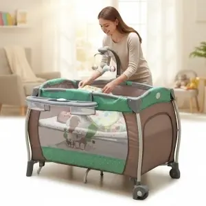 Patut Pliabil rotund cu balansoar, Tarc copii Baby Care™ PRO FRW, 2 Niveluri de inaltime, Cu melodii si Masa infasat, Carusel cu jucarii din plus, Plasa insecte, Maron cu Verde