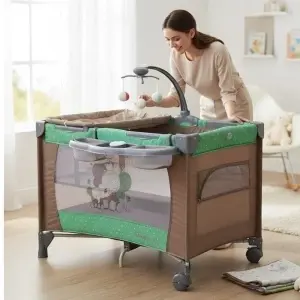 Patut Pliabil si Tarc copii Baby Care™ PRO FMAT, 2 Niveluri de inaltime, Cu melodii si Masa infasat, Carusel cu jucarii din plus, Plasa insecte, Maron cu Verde