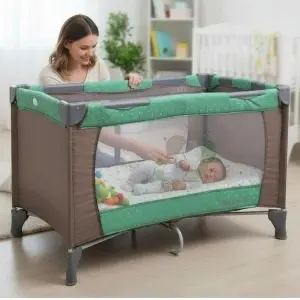 Patut-Pliabil-si-Tarc-copii-Baby-Care-PRO-FMG-120X60-cm-2-Niveluri-de-inaltime-Cu-geanta-transport-inclusa-Plasa-insecte-Maron-cu-Verde-2