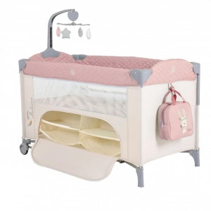 Patut pliant transformabil in tarc copii NOVOKIDS™ Indiana NEST, 62X125 cm, 2 Niveluri, Jucarie Carusel muzical, Fermoar acces lateral, Geanta bebe, Roz