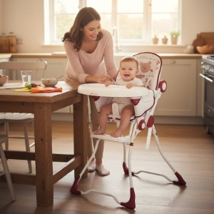 Scaun-de-masa-pentru-copii-si-bebe-Baby-Care-CH-Pliabil-Centura-de-siguranta-Sezut-comfortabil-Masuta-detasabila-Model-Ursulet-Rosu-cu-Alb-3