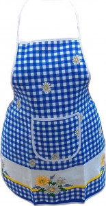 Sort de bucatarie din bumbac 100% Casa Gino®, cu buzunar, marime universala, cordon de prindere lung, Carouri albastre si margarete