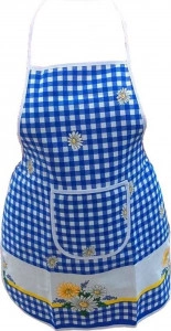 Sort de bucatarie din bumbac 100% Casa Gino®, cu buzunar, marime universala, cordon de prindere lung, Carouri albastre si margarete