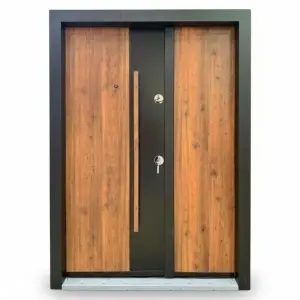 Usa metalica dubla de exterior Novo Doors NDA1D de culoare Negru perlat cu Stejar auriu cu deschidere pe Stanga