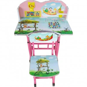 Birou copii din MDF cu jucarii interactive Novokids™ My first desk, dimensiuni 68X43X65, cadru metalic, masuta copii, Roz cu verde