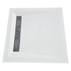 Cadita alba patrata de dus HouseXL StoneCore Premium 90x90 cm din compozit granit cu rigola metalica inclusa vedere lateral