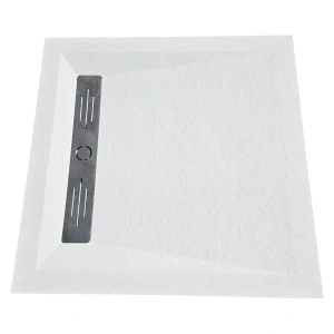 Cadita alba patrata de dus HouseXL StoneCore Premium 90x90 cm din compozit granit cu rigola metalica inclusa vedere lateral