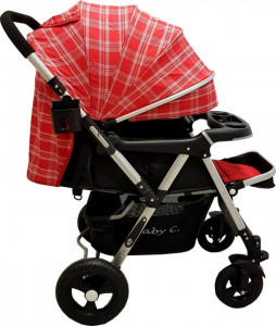 Carucior-nou-nascuti-2-in-1-BABY-CARE-PRO-511-Cadru-aluminiu-Maner-reversibil-Spatar-reglabil-in-5-trepte-Amortizoare-Frana-picior-Pliabil-Rosu-cu-Carouri_2
