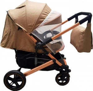Carucior nou nascuti 2 in 1 BABY CARE™ PRO 512, Cu geanta bebe inclusa, Suspensii, Cadru aluminiu Gold, Maner reversibil, Spatar reglabil in 5 trepte, Amortizoare, Plasa insecte, Frana picior,Pliabil , Maron Gold