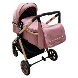 carucior Baby Care X2S landou roz cu geanta accesorie montata pe maner vedere din spate