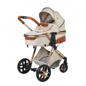 Carucior nou nascuti 2 in 1 NOVOKIDS™ Alma Gold PRO , Cu geanta bebe, Cadru Aluminiu , Amortizoare, Roti din cauciuc plin AVE, Landou, Modul sport, Spatar reglabil 3 trepte, Crem