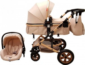 Carucior nou nascuti 3 in 1 Baby Care™ PRO 530 , Cu geanta bebe, Cadru Aluminiu Gold, Amortizoare, Roti din cauciuc plin AVE, Landou, Scoica auto, Spatar reglabil 3 trepte, Plasa insecte, Crem