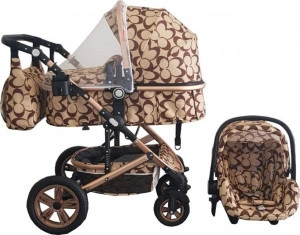 Carucior nou nascuti 3 in 1 Baby Care™ PRO 530 ,Cu geanta bebe, Cadru Aluminiu Gold, Amortizoare, Roti din cauciuc plin AVE, Landou, Scoica auto, Spatar reglabil 3 trepte, Plasa insecte, Crem cu Imprimeu Oval