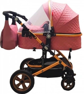 Carucior nou nascuti 3 in 1 Baby Care™ PRO 530, Cu geanta bebe, Cadru Aluminiu Gold, Amortizoare, Roti din cauciuc plin AVE, Landou, Scoica auto, Spatar reglabil 3 trepte, Plasa insecte, Roz
