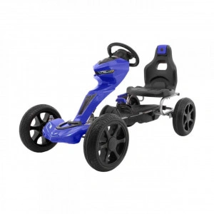 Kart cu pedale pentru copii NOVOKIDS® Adrenaline Kart PRO, 5-8 ani , 122 cm lungime, Carena, Structura metalica, Frana de mana, Functie FreeWheel, Scaun Ajustabil, Mers cu spatele, Albastru